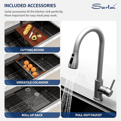 Sarlai 33 Black Kitchen Sink with Faucet- 33x22 Inch Drop In Kitchen Sink Gunmetal Black Ledge Workstation Sinks 16 Gauge Stainless Steel Single Bowl Topmount Sinks Basin with Pull-out Faucet