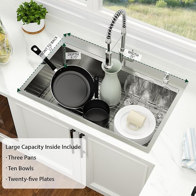 33 x 22 Inch Drop In Kitchen Sink 33 x 22 Stainless Steel Topmount Sink Ledge Workstation 16 Gauge Single Bowl Above Counter Handmade Basin