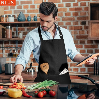 NLUS 2 Pack Kitchen Cooking Aprons, Adjustable Bib Soft Chef Apron with 2 Pockets for Men Women (Black,2)