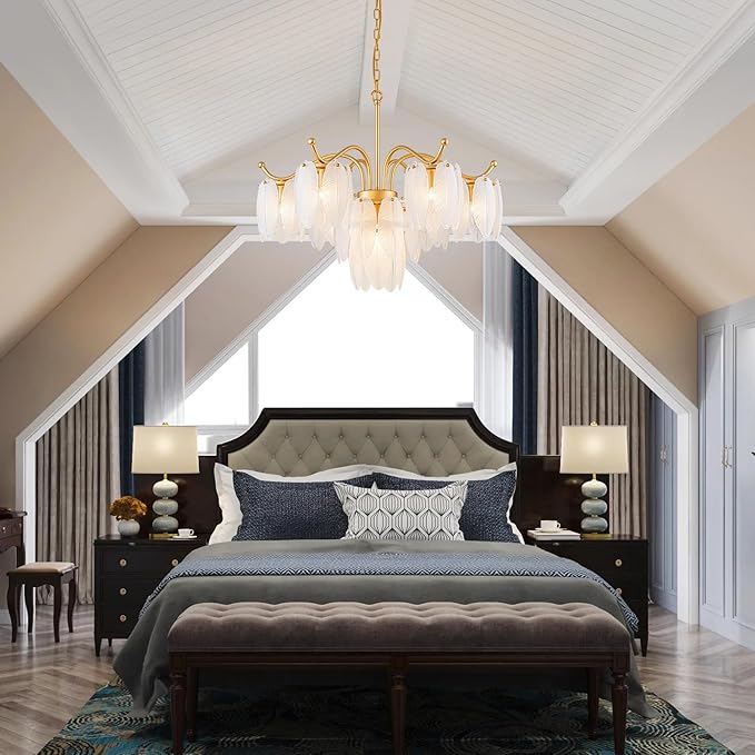 LumFurn D29inch Glass Chandelier, 7-Light Modern Pendant Light Fixture for Dining Room, Living Room, D29 x H27~72 inch Adjustable Height, Frosted Feather-Shaped Glass Shade & Brass Finish Frame