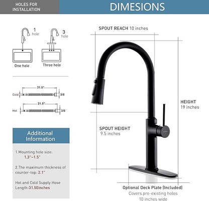 Matte Black Kitchen Faucets High Arc Single Handle Tall Kitchen Faucet with Pull Down Sprayer, Solid Brass 19 inch