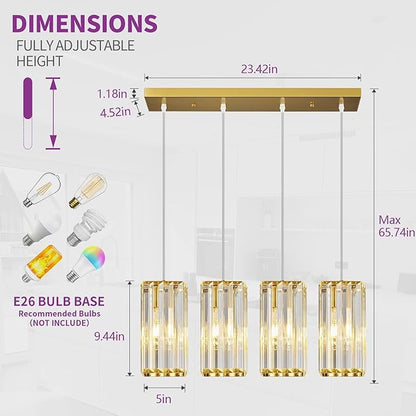 Modern Pendant Light Gold Rectangle Pendant Lighting Mini Crystal Chandeliers Adjustable Pendant Light Fixture for Kitchen Island Dinning Room Living Room Corridor Bedroom(Gold 4-Light)