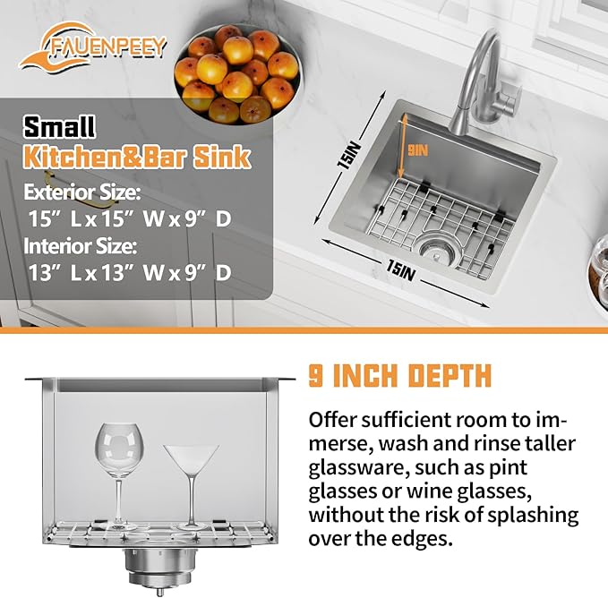 15x15In Kitchen And Bar Workstation Sink- Small Stainless Steel Undermount Single Bowl Bar Sink Built-in Ledge Drop In Workstation Sink With Accessory-SS Grid Cutting Board,Silicon Mat,Drain Assembly