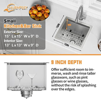 15x15In Kitchen And Bar Workstation Sink- Small Stainless Steel Undermount Single Bowl Bar Sink Built-in Ledge Drop In Workstation Sink With Accessory-SS Grid Cutting Board,Silicon Mat,Drain Assembly
