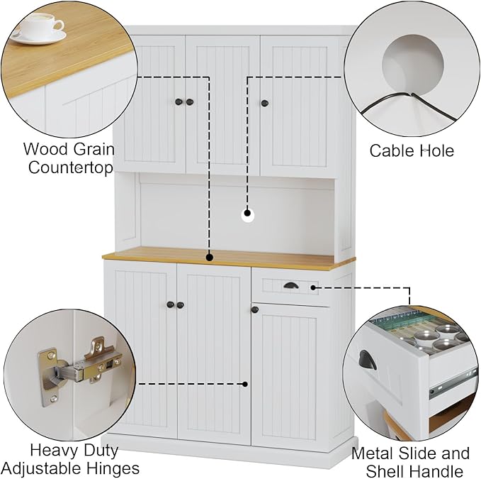 RASOO Buffet Hutch Cabinet Kitchen Sideboard Pantry Cabinet Wood Kitchenware Server Kitchen Storage Microwave Cabinet with 3 Doors Upstairs and 3 Doors downstairs and 1 Drawer, White (R0086)