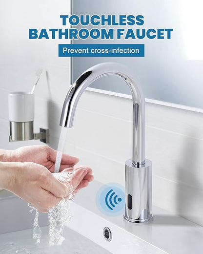 Touchless Motion Sensor Bathroom Faucet, Tall Automatic Bathroom Sink Faucet with Deck Plate, Control Box and Temperature Mixer for Vanity with Deck Plate, Chrome
