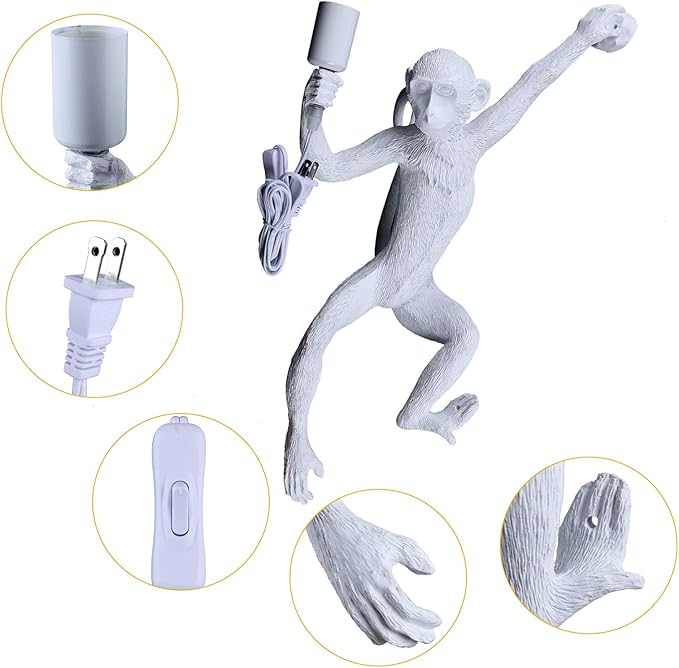 LOYALHEARTDY Industrial Wall Lighting Fixture Vintage Resin Monkey Light Wall Lamp for Living Room Children's Kid's Bedroom Club Decoration (White, Wall Lamp)