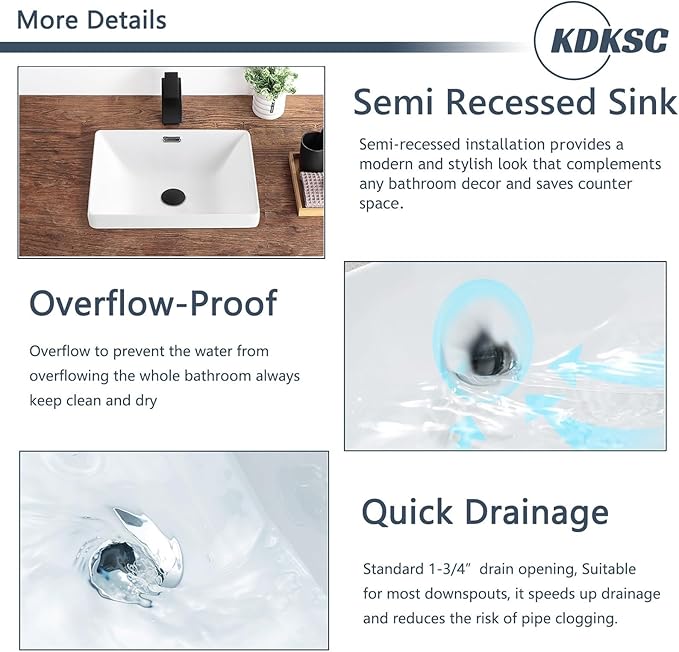 Bathroom Vessel Sink 16.7" X 12.6" Semi Recessed Bathroom Sink Rectangular Drop In Bathroom Sinks with Overflow White Ceramic Vessel Sinks for Bathroom Modern Above Counter Basin Vanity Sink