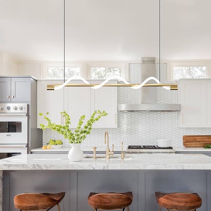 KCO Lighting Modern LED Dining Light Fixtures Ceiling Hanging Linear Pendant Lights Kitchen Island Gold Chandelier Light Fixture Minimalist Linear Pendant Light Dimmable