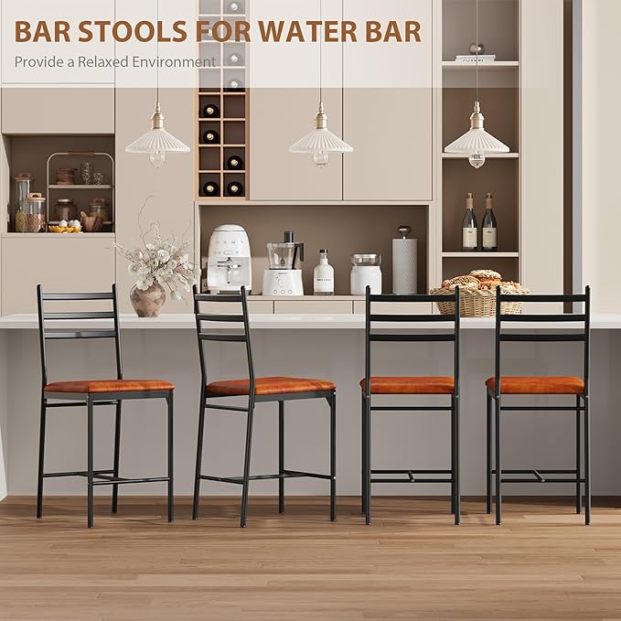 GarveeHome Bar Stools Set of 4, Counter Height Bar Chairs with Back and Thick Cushion, Upholstered Dining Chairs with Padded Seat, Barstools for Kitchen Island, Bar, Dining Room, Retro Brown