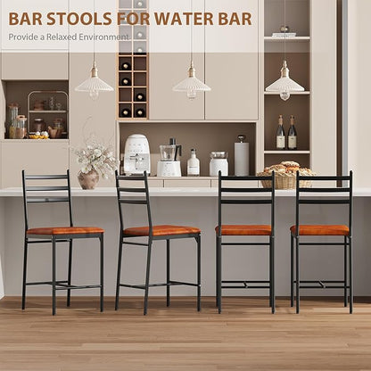 GarveeHome Bar Stools Set of 4, Counter Height Bar Chairs with Back and Thick Cushion, Upholstered Dining Chairs with Padded Seat, Barstools for Kitchen Island, Bar, Dining Room, Retro Brown