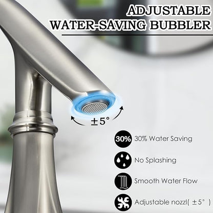 Touchless Bathroom Sink Faucets, Brushed Nickel Bathroom Faucet Single Hole, Automatic Motion Sensor Battery Operated with Cover Plate and Mixing Valve for Commercial and Home