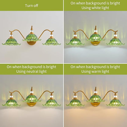 Vintage Bathroom Vanity Light Fixtures - 3 Light Antique Brass Bathroom Lights Fixture Over Mirror with Green Flower Glass,Retro Brushed Gold Bronze Wall-Mounted Vanity Lighting for Powder Room