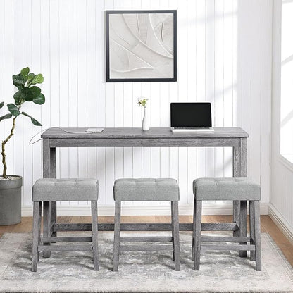 4 Piece Dining Table Set with 3 Stools, Small Kitchen Table Set Kitchen Island Table with Power Outlet, Space Saving Bar Industrial Bar Table and Chairs Set,for Living Dining Game Room,Gray