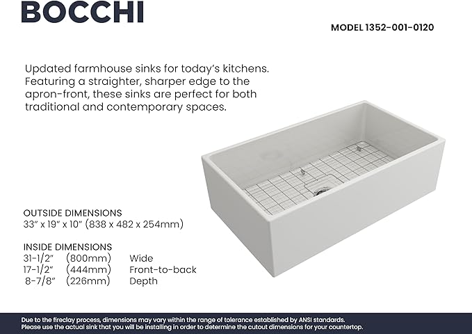 BOCCHI Contempo Farmhouse Apron Front Fireclay 33 in. Single Bowl Kitchen Sink with Protective Bottom Grid and Strainer in White