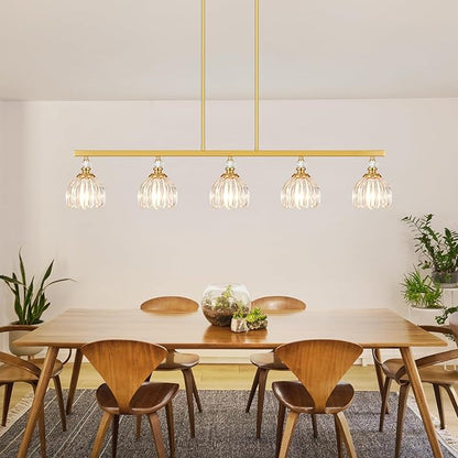 Gold Island Light for Kitchen, 5-Light Linear Chandelier for Kitchen Island with Tulip Glass Shades, Brushed Gold Finish Hanging Light Pendant Fixture Over Dining Table
