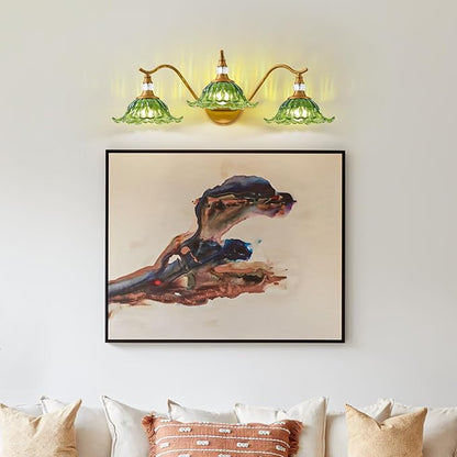 Vintage Bathroom Vanity Light Fixtures - 3 Light Antique Brass Bathroom Lights Fixture Over Mirror with Green Flower Glass,Retro Brushed Gold Bronze Wall-Mounted Vanity Lighting for Powder Room