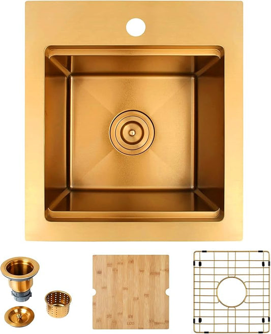 LQS Brushed Gold Finish Kitchen Sink, Small Gold Drop In Bar Sink 16” x 18” with Cutting Board, 16 Gauge Stainless Steel Golden Kitchen Sink, 10” Depth For Daily Use, Outdoor and Prep Use