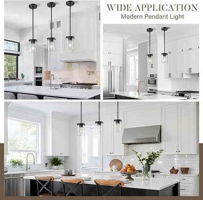 Modern Pendant Light Fixtures 1-Pack, Matte Black Pendant Lights Kitchen Island with Square Transparent Glass, Glass Pendant Light for Dining Room, Bedroom, Living Room, Farmhouse