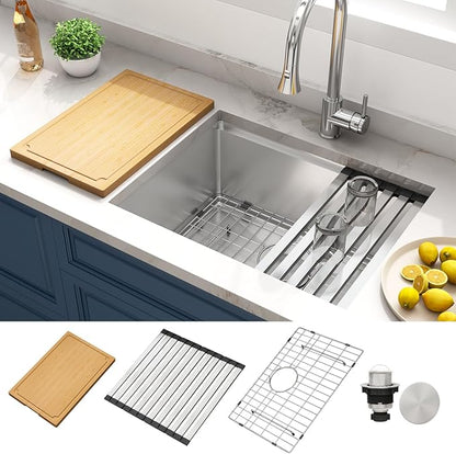 LQS 23 Inch Undermount Kitchen Sink, 16 Gauge Stainless Steel Undermount Kitchen Sink, 10" Smart Workstation Ledge With Abundant Accessories, R10 Corner and X-Shaped Drain Line