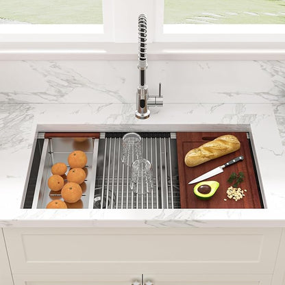 Sarlai 33 Kitchen Sink Double Bowl - 33x19 Inch Undermount Sink16 Gauge Stainless Steel Ledge Workstation Low Divide Double Bowl 60/40 Under Counter Kitchen SinK Basin