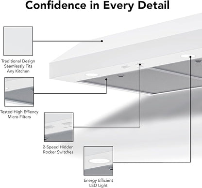 Broan-NuTone 30-Inch White Under Cabinet Range Hood Traditional Design w/Quiet Power at 350 CFM, 1.5 Sones for Powerful Kitchen Ventilation