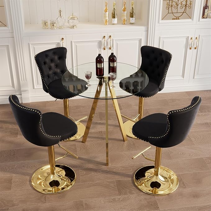 yeag 31.5'' Luxury Gold Bistro Table and Adjustable Chairs Set for 4, Small Round Glass Bar Table 4 Adjustable Velvet Swivel Bar Stools for Pub (Gold Metal Legs, Clear Top + Black Chair)