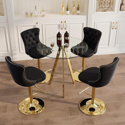 yeag 31.5'' Luxury Gold Bistro Table and Adjustable Chairs Set for 4, Small Round Glass Bar Table 4 Adjustable Velvet Swivel Bar Stools for Pub (Gold Metal Legs, Clear Top + Black Chair)