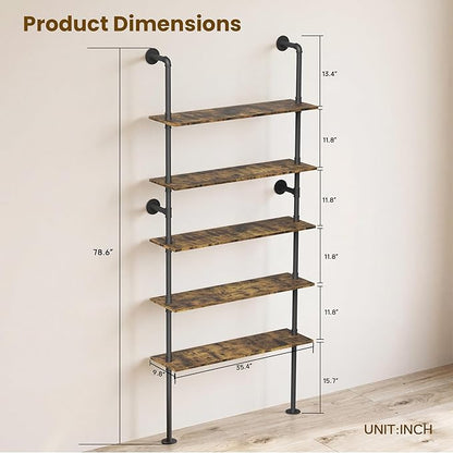 Merapi Rustic Industrial Bookshelf, 78.6" Tall 5-Tier Storage Shelf with Solid Wood & Metal Frame, 9.8" D x 35.4" W for Living Room, Office, Bedroom Farmhouse Display