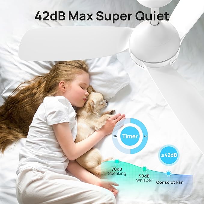 Consciot 44 inch Low Profile Ceiling Fans with Light and Remote, Modern Ceiling Fan, Downrod Mount, Reversible Quiet DC Motor, 6 Speed, 3 Color & Dimmable, White Ceiling Fan For Indoor Outdoor