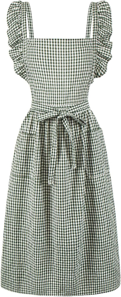 Vintage Gingham Apron for Women, Ruffle Straps, 2 Pockets, Soft Cotton, Apron Dress Style for Cooking & Baking