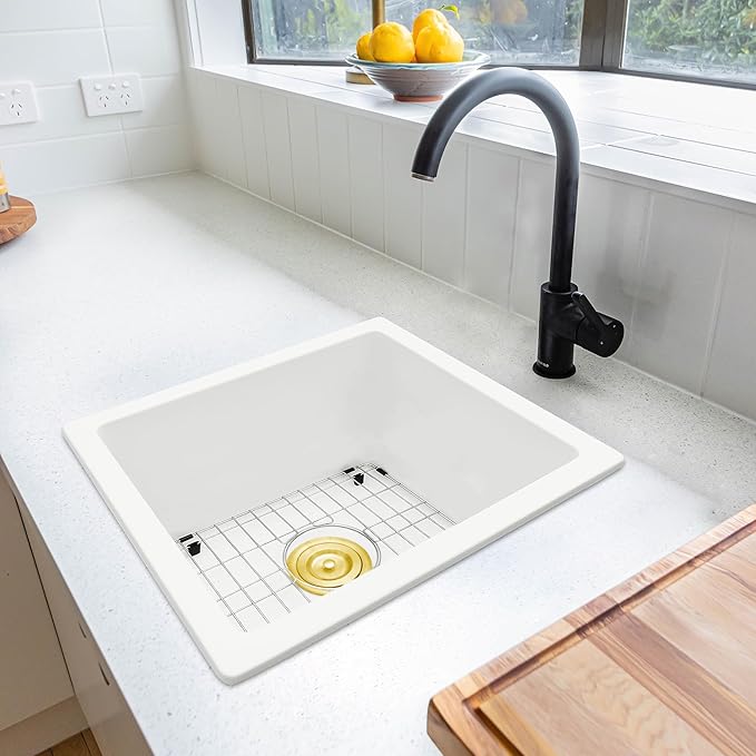 MILOSEN White Undermount Bar Sink, 16×18 Inch Small White Wet Bar or Prep Sink, 9 Inch Deep Granite Composite Outdoor Single Bowl Basin with Accessories, Small Quartz Sinks
