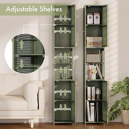 Amazer 70'' Tall Bathroom Storage Cabinet Bamboo, Slim Storage Cabinet with Rattan Door and Adjustable Shelves, Narrow Freestanding Organizer for Living Room Kitchen, Forest Green