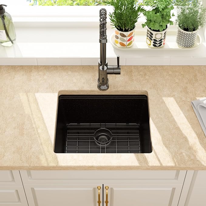 Lordear 21 Inch Black Granite Composite Kitchen Sink Workstation 21x18 Matte Black Undermount Quartz Sinks Under Counter Single Bowl Sink with Black Accessories