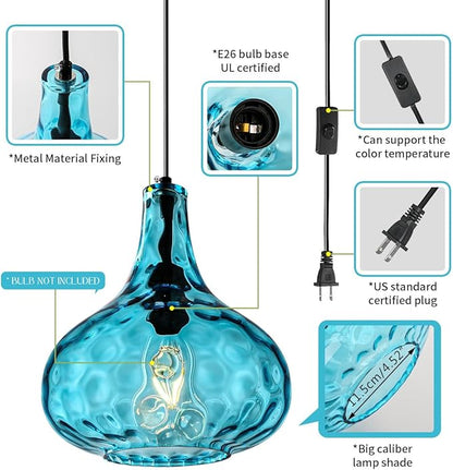 Mid-Century Modern Plug in Pendant Light Fixture,Blue Glass Pendant Lamp with 14.7 ft Cord Hammered Glass Globe Shade,Black Plug in Hanging Light for Bedroom Dining Living Room