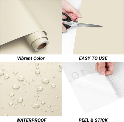 Decotalk Contact Paper Beige Peel and Stick Wallpaper Beige Wallpaper for Bedroom Wall Solid Color Cabinet Vinyl Wrap 17.7in X 200in Pure Cream Wall Paper Renter Friendly Vinyl Wrap Removable
