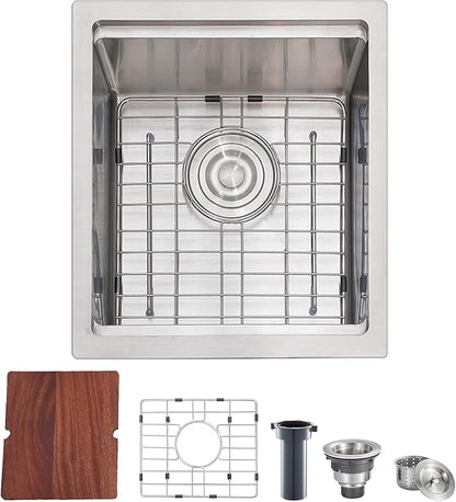 15x17" Undermount Bar Sink, 15 Inch Stainless Steel Single Bowl Small Kitchen Prep Wet RV Platio Sink Workstation 16 Gauge with Accessories