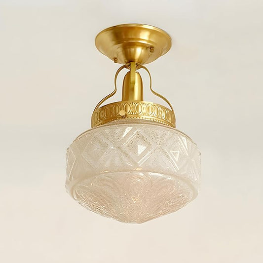 Bofea-Gold Semi Flush Mount Ceiling Light,Brass Vintage Flush Mounted Ceiling Lighting with Milk White Glass Shade, Mid-Century Style Ceiling Light Fixture for Hallway Foyer Loft Bathroom Bedroom. (B)