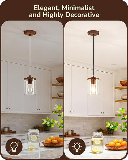 EDISHINE 2 Pack Farmhouse Pendant Lights Kitchen Island, Adjustable Pendant Light Fixtures with Brown Wood Grain Finish and Clear Glass Shade, Island Lights for Kitchen, Hallway(Bulb Not Included)