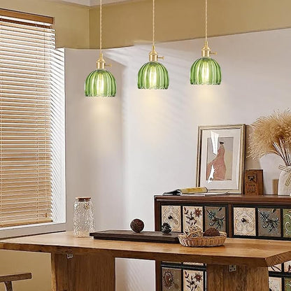Mini Pendant Lights Kitchen Island 2 Pack, Small Adjustable Pendant Light Fixture with Green Tulip Glass Lampshade, Vintage Gold Pendant Lighting, Pendant Light for Bedroom Dining Room Hallway