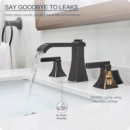 Oil Rubbed Bronze Bathroom Faucet 3 Hole, Brass Waterfall 8 Inch Widespread Bathroom Sink Faucet with Pop-Up Drain, cUPC Supply Lines, 2 Handles for Vanity, Farmhouse, Hollowed Design