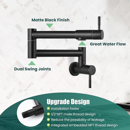 Heyalan Pot Filler 19 Inch Wall Mount Folding Stretchable Kitchen Restaurant Faucet Stainless Steel Pot Filler Double Joint Swing Arm Two Handles Commercial NPT,Straight Handle,Matte Black