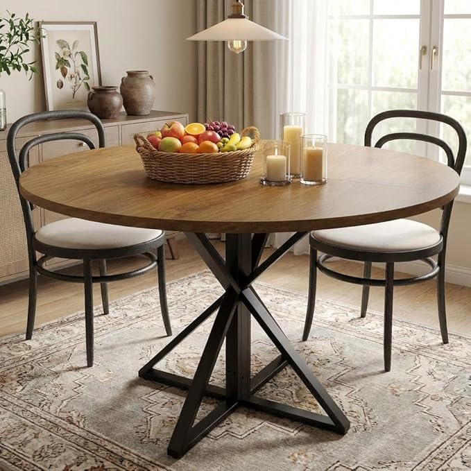 GarveeHome 47 Inch Round Dining Table for 4, Circle Kitchen Table with Pedestal Base, Farmhouse Wooden Dining Table for Small Spaces, Kitchen & Dining Room, Living Room（Brown/Only Table）