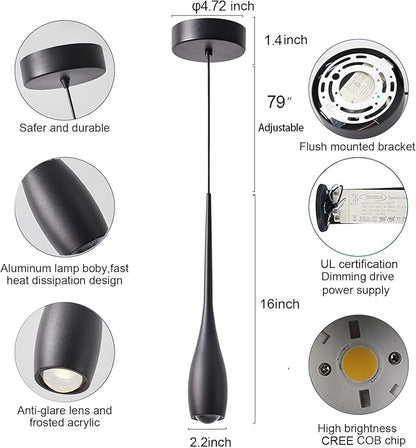 Black Pendant Lights Kitchen Island, Modern LED Pendant Light Fixtures, Small Mini Pendant Lighting Dimmable Hanging for Bathroom, Bar, Dining Room, Bedroom（2-Pack）