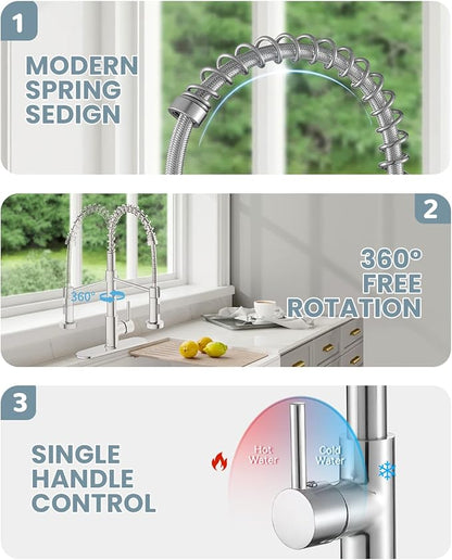 Kitchen Faucet Set, Commercial Kitchen Sink Faucets with Pull Down Sprayer and Soap Dispenser, Stainless Steel Faucets for Kitchen Sinks, Single Handle Spring Faucet with Deck Plate