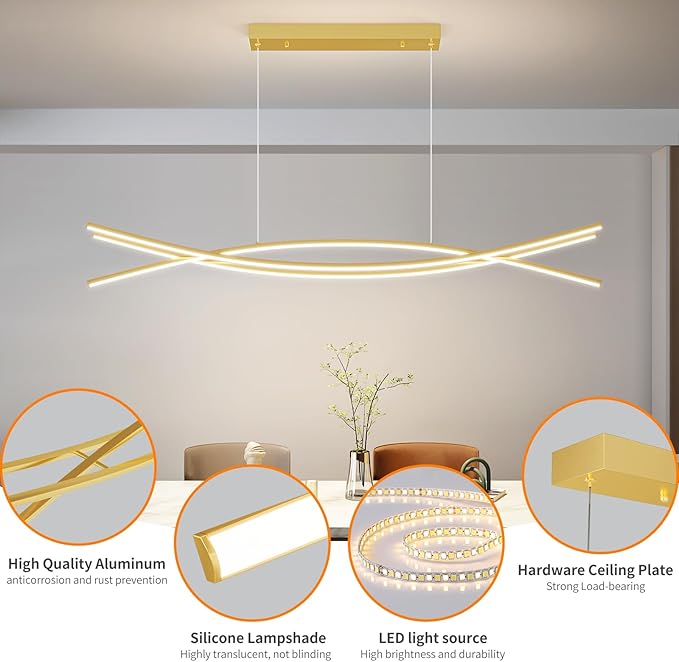 Modern Ceiling Chandelier Light, 39IN Gold Pendant Light Fixtures with Remote Control 3000k-6500K Adjustable Color Temperature, Aluminum Island Lighting Lamp for Dining Room, Living Room, Island