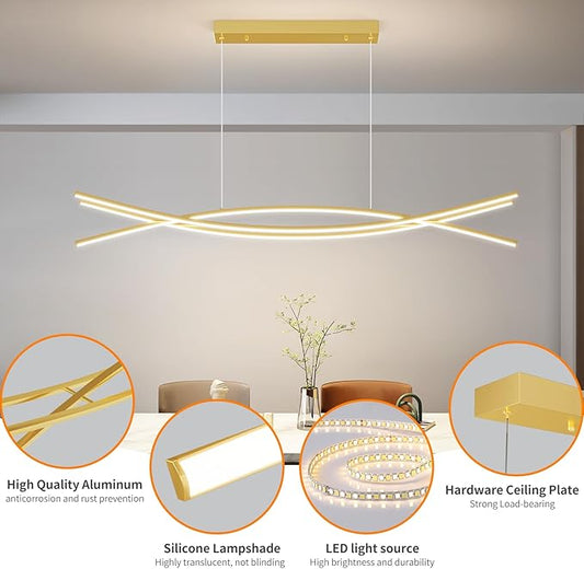 Modern Ceiling Chandelier Light, 39IN Gold Pendant Light Fixtures with Remote Control 3000k-6500K Adjustable Color Temperature, Aluminum Island Lighting Lamp for Dining Room, Living Room, Island