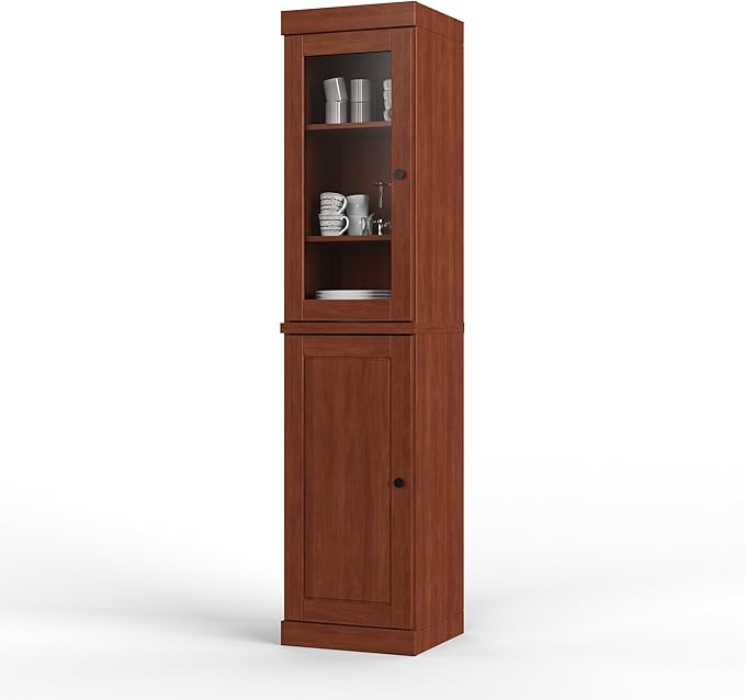 Palace Imports Solid Wood Kitchen Pantry - Narrow Storage Cabinet - 16.5" Wide x 71.5" Tall - 1 Raised Panel & 1 Glass Door, Mocha, Adjustable Shelves, 100% Eco-Friendly Wood, Modular Cabinets