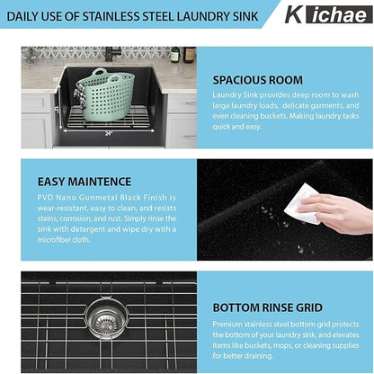 Kichae 24 Granite Composite Laundry Sink - 24"x18" Granite Laundry Utility Sink Undermount Black Quartz Under Counter Single Bowl Sink Basin