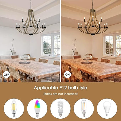 LAMPKEDUO Farmhouse Chandeliers for Dining Room Light Fixture, 2 Tier 12-Light 41" Adjustable Height Retro Faux Wood Texture Rustic Light Fixtures for Living Room Bedroom Kitchen Island Foyer Entryway